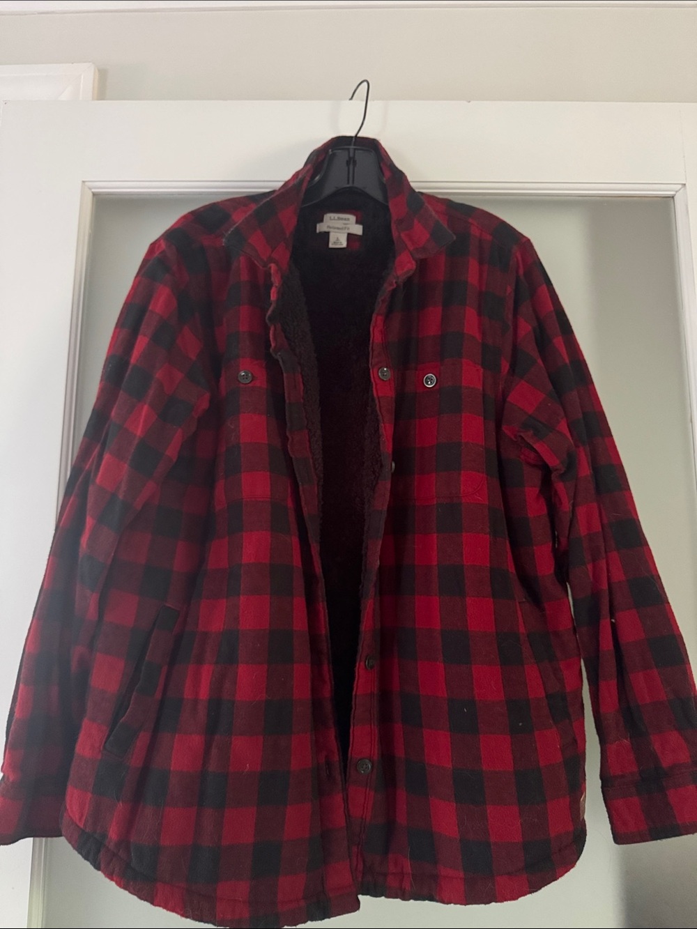 L.L. Bean Red and Black Buffalo Plaid Sherpa-Lined Shirt Jacket